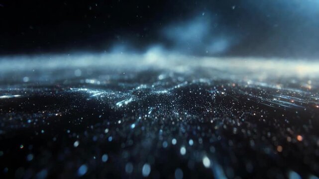 Glowing particles forming an abstract shimmering field on a dark backdrop, conveying a cosmic energy concept