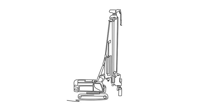 Animated self drawing of continuous line draw heavy industrial piling rig or rotary drilling vehicle used for deep foundation construction, and mining site preparation. Full length one line animation