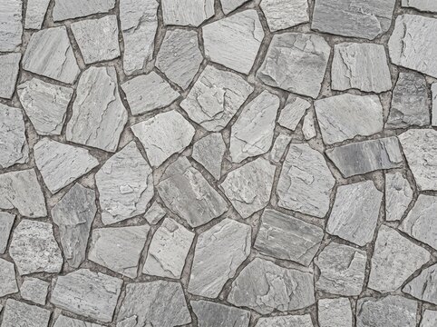 Realistic Top Down Pale Gray Natural Stone Pavement Texture Background with Irregular Polygon Slabs, Soft Mineral Detail, Subtle Mortar Joints, and Full Frame Mosaic Surface