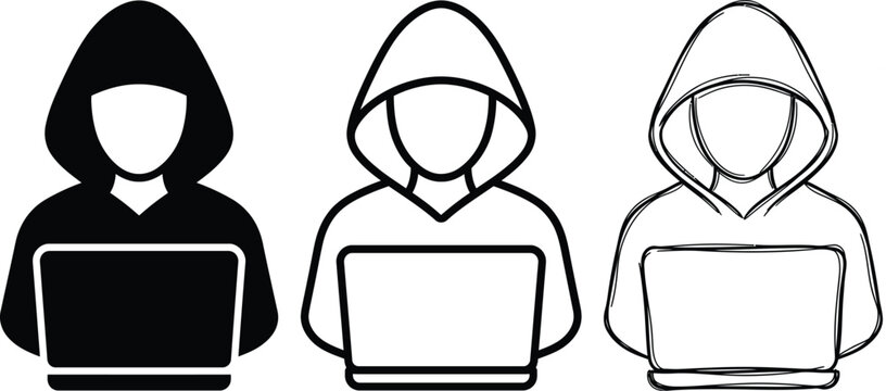Set of computer hacker icons in solid outline sketch styles with computer security anonymous illustration technology identity internet