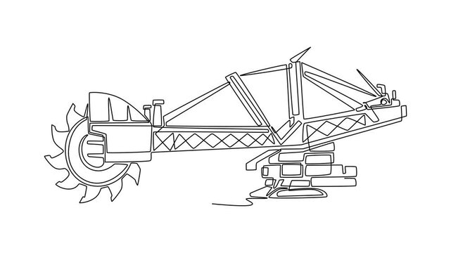 Animated self drawing of continuous line draw a massive industrial bucket wheel reclaimer machine used for heavy-duty material handling in open-pit mining operations. Full length one line animation