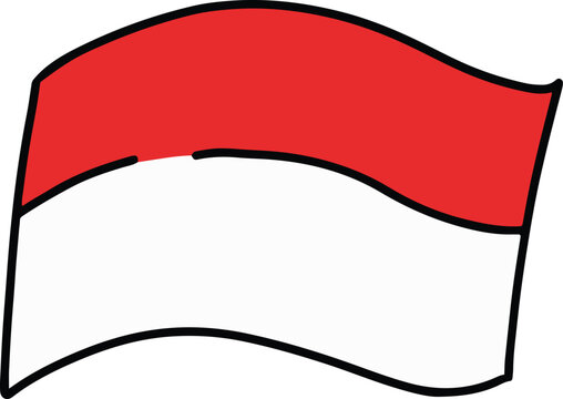 Hand drawn curved Indonesian flag vector illustration. Cute waving red and white bendera merah putih doodle isolated on white background for August 17.