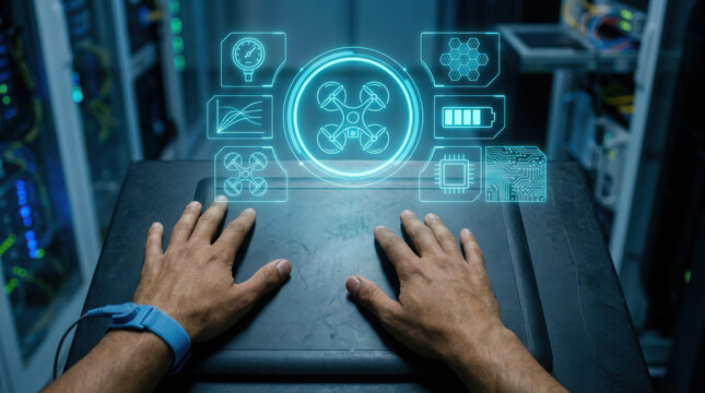 Close-up of olive skinned hands on a calibration touchpad with a blue anti-static wrist strap and a floating futuristic holographic drone control interface in a server room