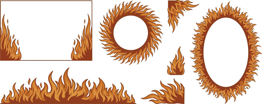 Cartoon Fire Flame Collection with Multiple Shape Variations Including Single Wide Tall and Double Burning Blaze Designs for Gaming Branding Tattoo Poster and Graphic Use