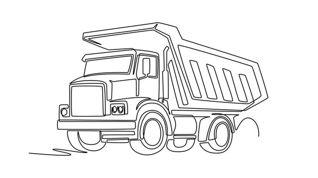 Animated self drawing of continuous line draw a tipper dump truck. Front grill, side container bed, and multiple tires for construction and industrial transport themes. Full length one line animation