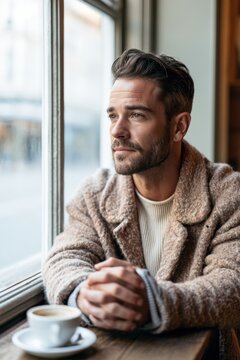 Man Sitting by Window Enjoying Coffee Break