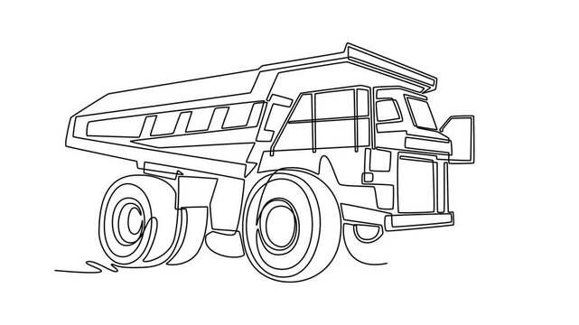 Animated self drawing of continuous line draw heavy industrial mining construction dump truck vehicle, highlighting big tires and massive container bed from a side view. Full length one line animation