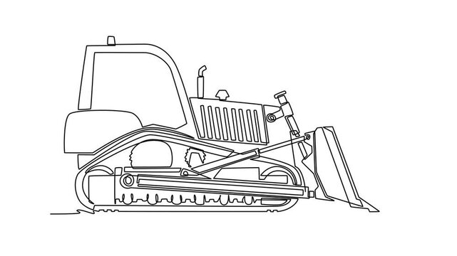 Self drawing animation of single line draw side view of heavy industrial tracked bulldozer construction machine with front loader shovel blade lowered to ground. Continuous line. Full length animated