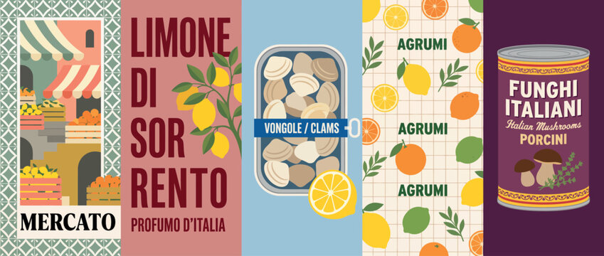 Retro Italian Market and Food Poster Illustration Set Featuring Mercato Street Scene Sorrento Lemon Vongole Clams Citrus Pattern and Porcini Mushrooms for Packaging Design