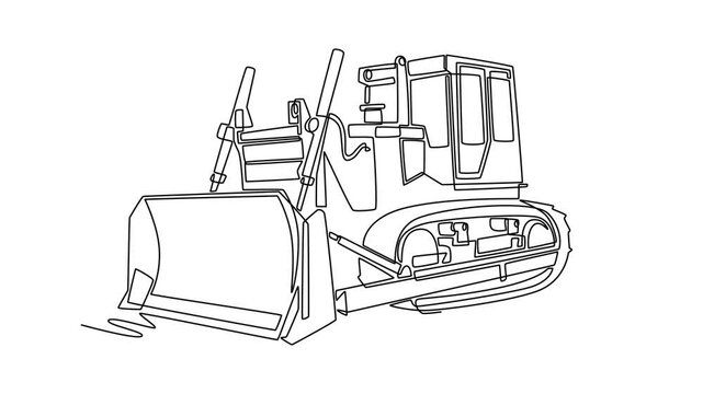Self drawing animation of single line draw industrial crawler bulldozer machine, showcasing its heavy grading shovel blade and tracks from low perspective. Continuous line draw. Full length animated