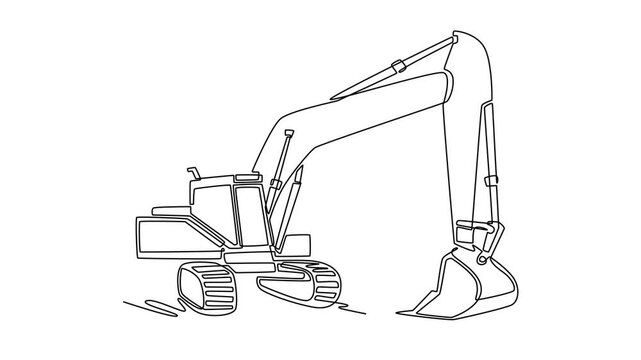 Self drawing animation of single line draw industrial crawler excavator machine showing its massive hydraulic digging arm extended forward with mechanical bucket. Continuous line. Full length animated