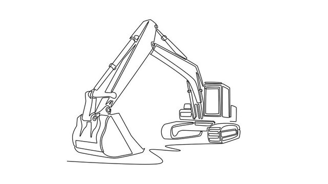 Self drawing animation of single line draw a heavy industrial crawler excavator machine from dynamic front angle view with its bucket resting on the ground. Continuous line draw. Full length animated