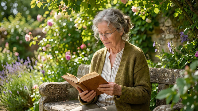 Senior woman reading book in summer garden, elderly lady sitting on stone bench with literature, peaceful retirement lifestyle in blooming backyard