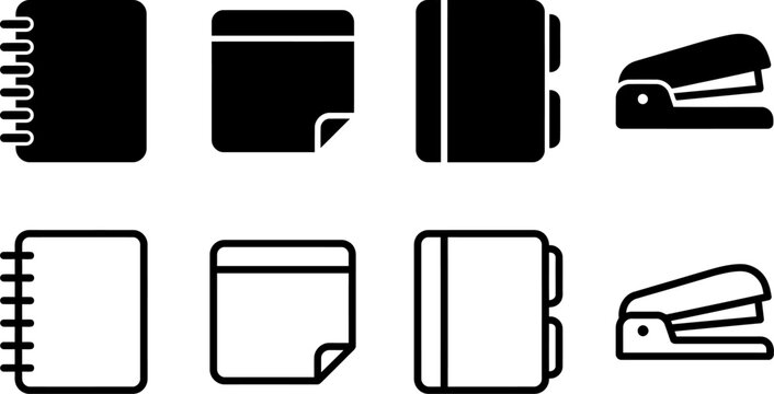 Stylish office notebook and stapler icon set for business