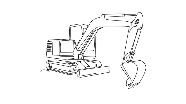 Animated self drawing of continuous line draw powerful crawler excavator truck. Detailed mechanical arm and digging bucket lowered to the ground at construction site. Full length single line animation