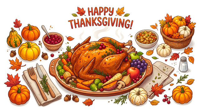Thanksgiving dinner illustration with roasted turkey pumpkins cranberry sauce and side dishes.