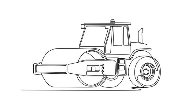 Animated self drawing of continuous line draw massive industrial road roller compactor truck from side view, capturing the machinery details, massive flattening drum. Full length single line animation