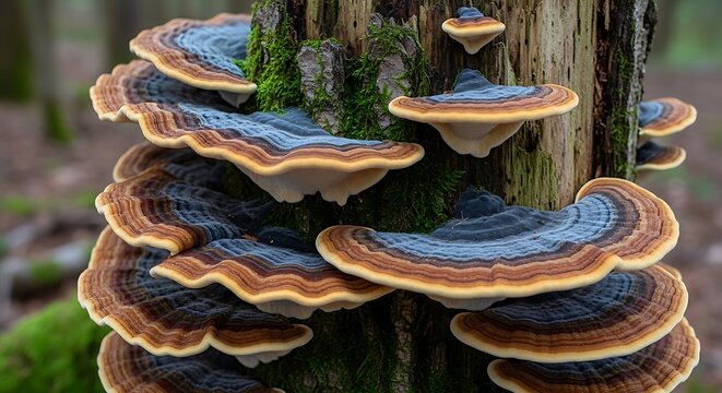 Colorful tiered fungi growing on a textured tree stump in a mossy forest environment