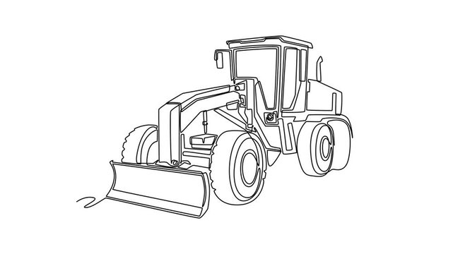 Animated self drawing of continuous line draw heavy motor grader mining construction truck from a front view angle, highlighting its large leveling blade and wheels. Full length single line animation