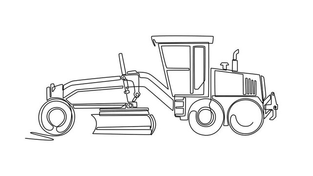 Animated self drawing of continuous line draw side view of heavy motor grader construction vehicle, highlighting blade and wheels for leveling ground at mining sites. Full length single line animation
