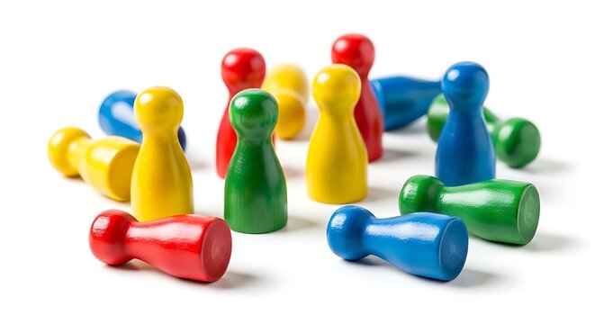 Colorful wooden pawns, some standing and some fallen, against a clean white backdrop