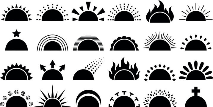 Half Sun Sunrise Silhouette Icon Set with Multiple Ray Dot Flame Arrow Rainbow and Geometric Variations for Spiritual Branding Logo Badge Label Tattoo and Graphic Design Use