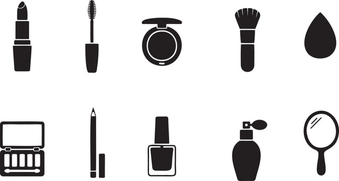 Black silhouette makeup icon set, cosmetic beauty product icons with lipstick, mirror, brush, eyeshadow and nail polish on transparent background
