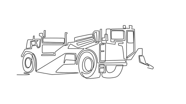 Animated self drawing of continuous line draw heavy mining truck vehicle, showcasing industrial strength and mechanical form of this construction machine technology. Full length single line animation