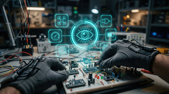 Close-up of hands wearing haptic feedback gloves working on a microcontroller breadboard with a futuristic holographic HUD interface