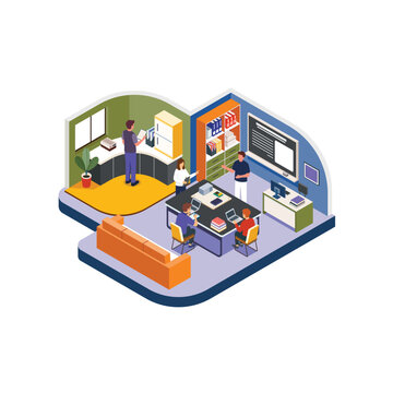 Isometric Training Session Illustration with Students Learning on Laptops and Books