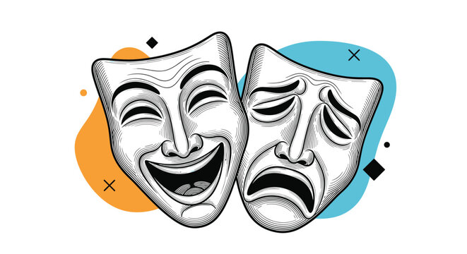 Traditional theater masks representing comedy and tragedy depicted in a vintage engraving style with abstract colorful shapes in the background.