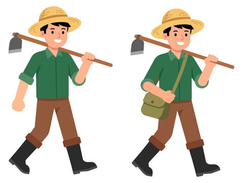 Cheerful young male farmer carrying a gardening hoe tool vector illustration set for agricultural and rural farming concepts