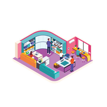 Isometric Library Study Room with Students Reading Books and Using Laptops