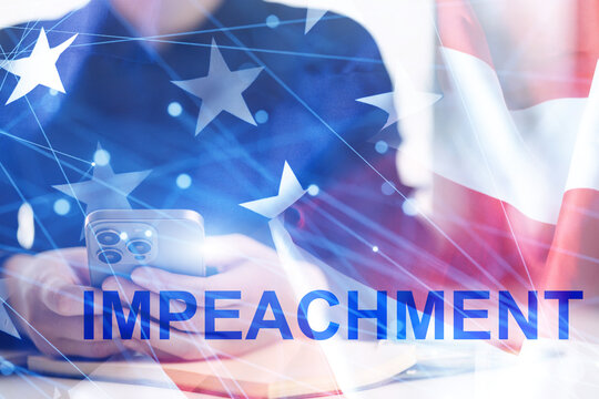 Discussion of impeachment with American flag background and person holding smartphone