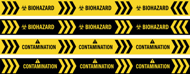 Fototapeta premium Biohazard and Contamination Warning Tape Banner Set in Yellow and Black with Chevron Arrow Design for Industrial Safety Signage Hazard Alert Laboratory and Editorial Design