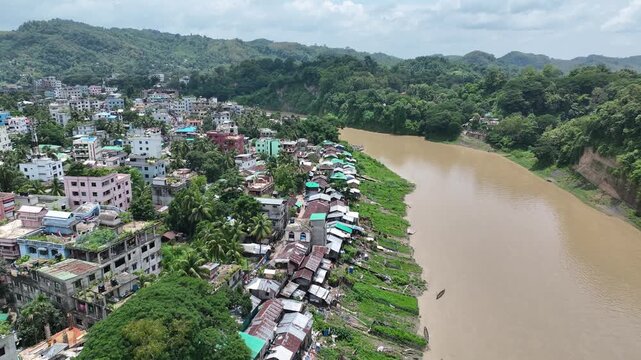 Aerial view of bandarban city and sangu river in bangladesh