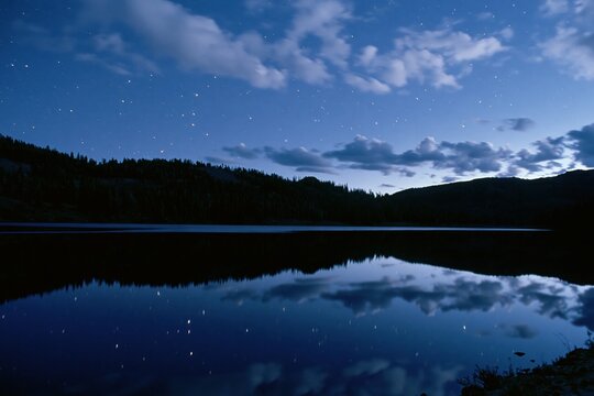The Starry Night Lake Reflecting Sky and Mountain Silhouettes Across Tranquil Waters