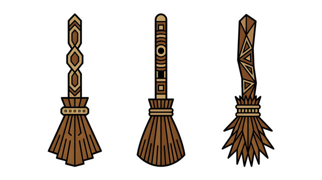 Set of magic witch brooms with geometric patterns vector illustration isolated on white background