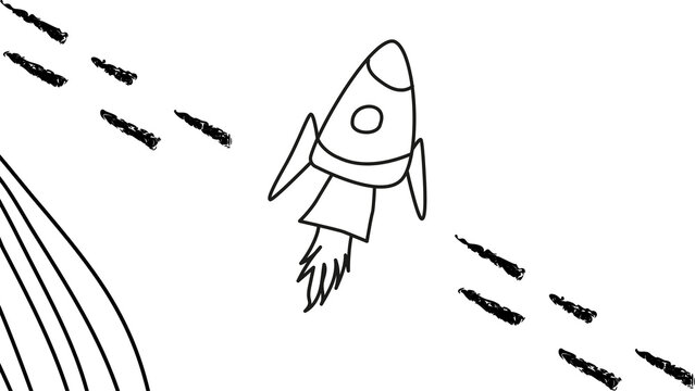 rocket ship launching into space with meteor shower and planet curve, vector line art