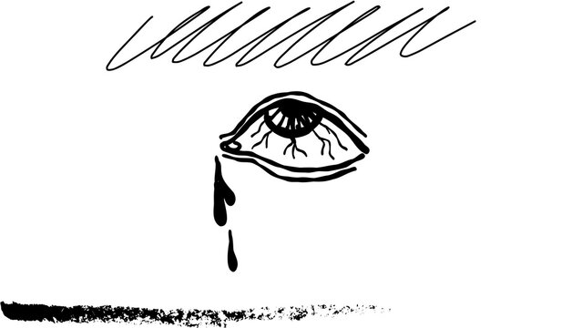 crying eye doodle with falling tears and scribble eyebrow, vector line art