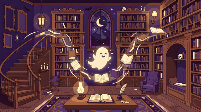 Cute Ghost Levitating Magic Books in Cozy Haunted Library Vector