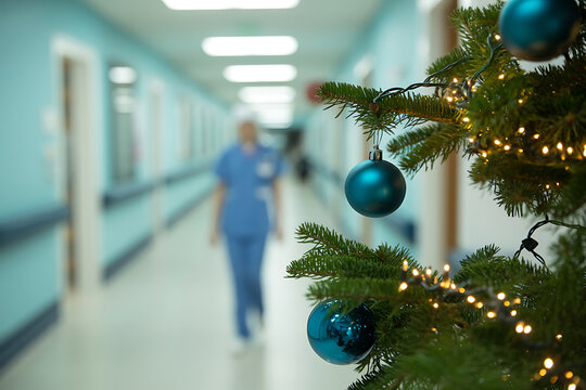 Hospital hallway decorated for christmas with nurse walking in background hospital corridor