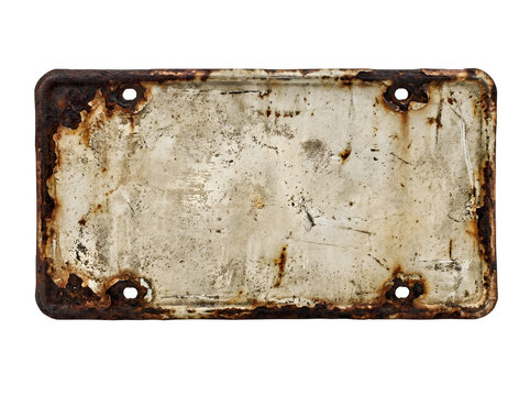 Old rusty metal sign plate with empty surface and four corners holes isolated on transparent background