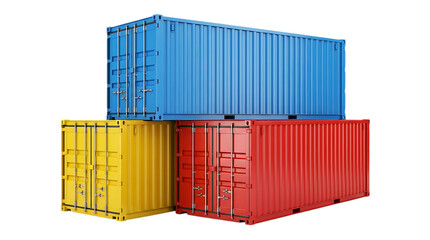 Fototapeta premium Three stacked shipping containers in blue, yellow, and red colors, isolated on a white background, for freight and, global logistics industry concepts isolated on a transparent background