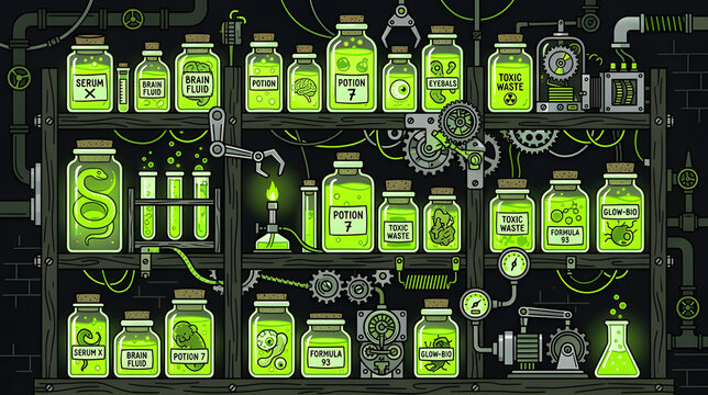 Mad Scientist Laboratory Shelves with Green Toxic Potion Jars Vector