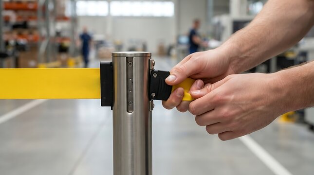Industrial worker setting up a retractable yellow safety barrier in a large manufacturing warehouse