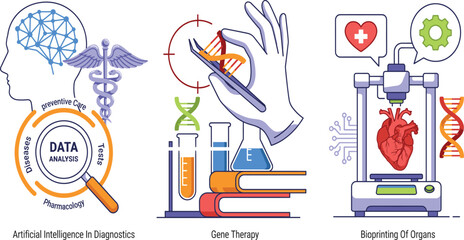 Naklejka premium Future Medical Technologies Medical Infographic Vector Illustrating Artificial Intelligence in Diagnostics Gene Therapy and Organ Bioprinting for Healthcare Innovation