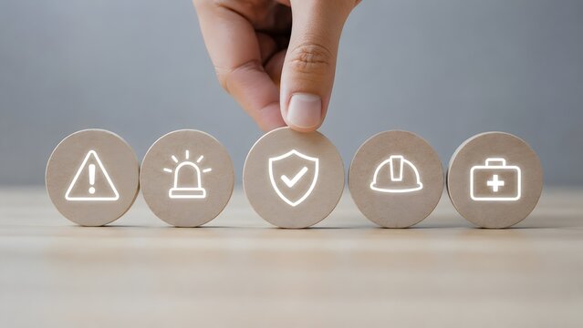 Work safety and health insurance concept with hand choosing checkmark shield among hazard alarm hardhat and medical icons on wooden circles