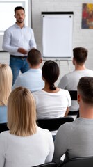 Fototapeta premium Diverse group of students listen to an instructor during a lecture in a bright classroom setting