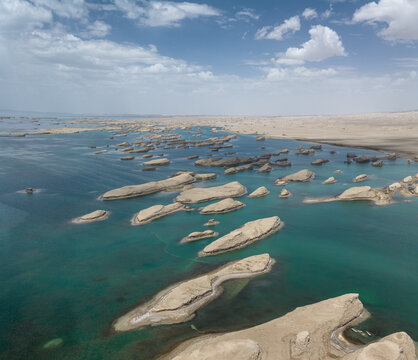 Aerial Panorama of Wusute Water Yadan: "West Sea Fleet" Formations and Deep Blue Lake in Qaidam Basin